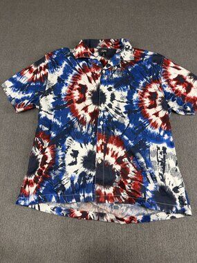 City Streets Men's Colorful Tie-Dye Swirl Red White & Blue Button-Up Shirt XL